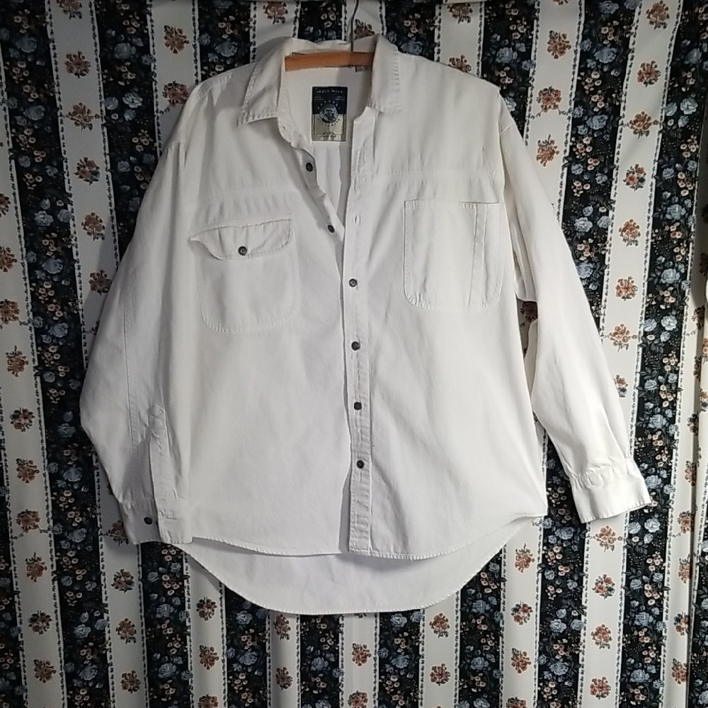 Sz L Men's White Casual Denim-type Button Down Shirt